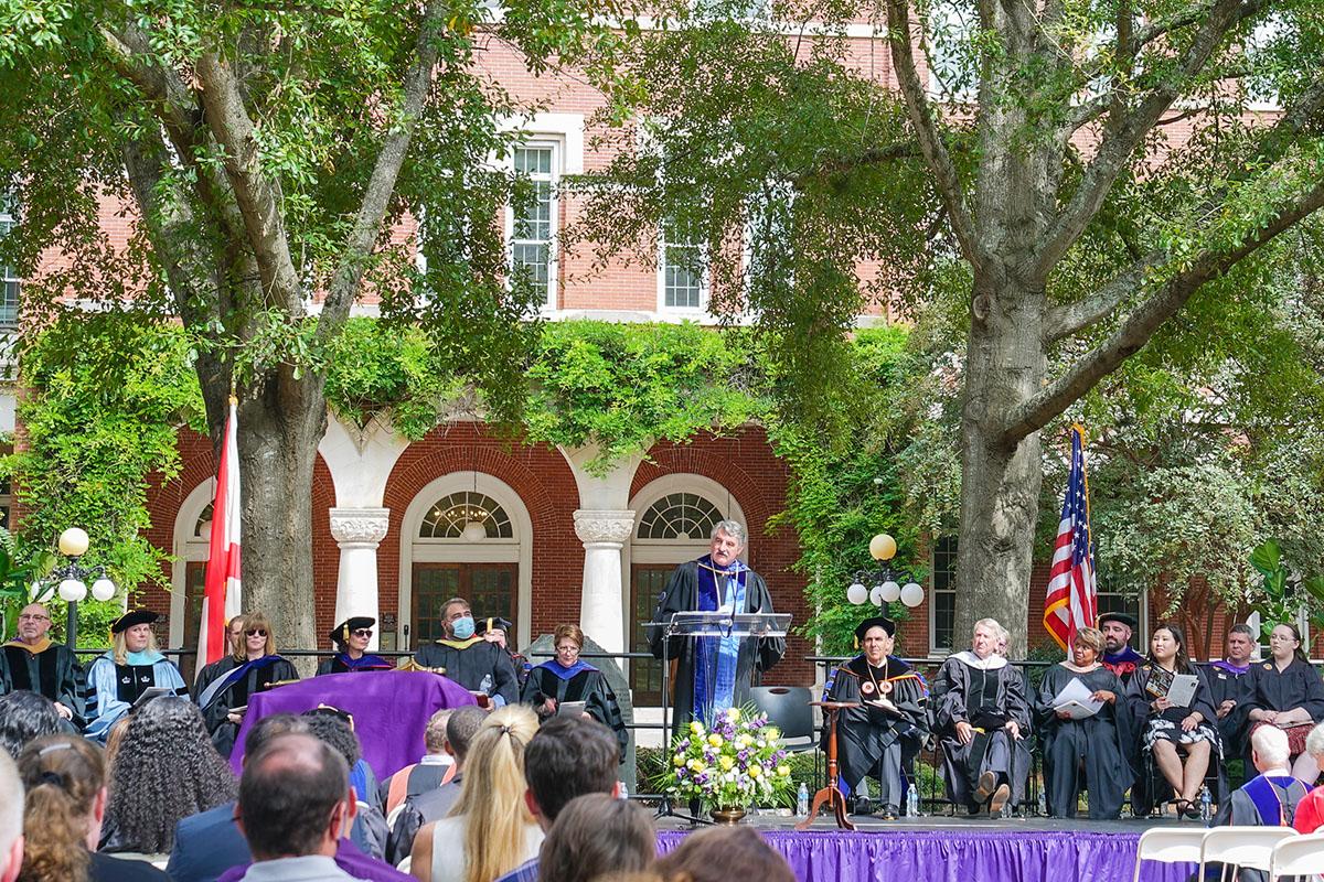 University of Montevallo President Dr. John W. Stewart III addresses the audience at the institution's Quasquicentennial anniversary on Founders' Day.